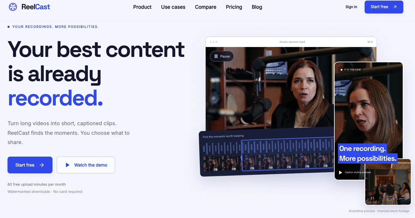 ReelCast website showing its long-video to short-clip workflow